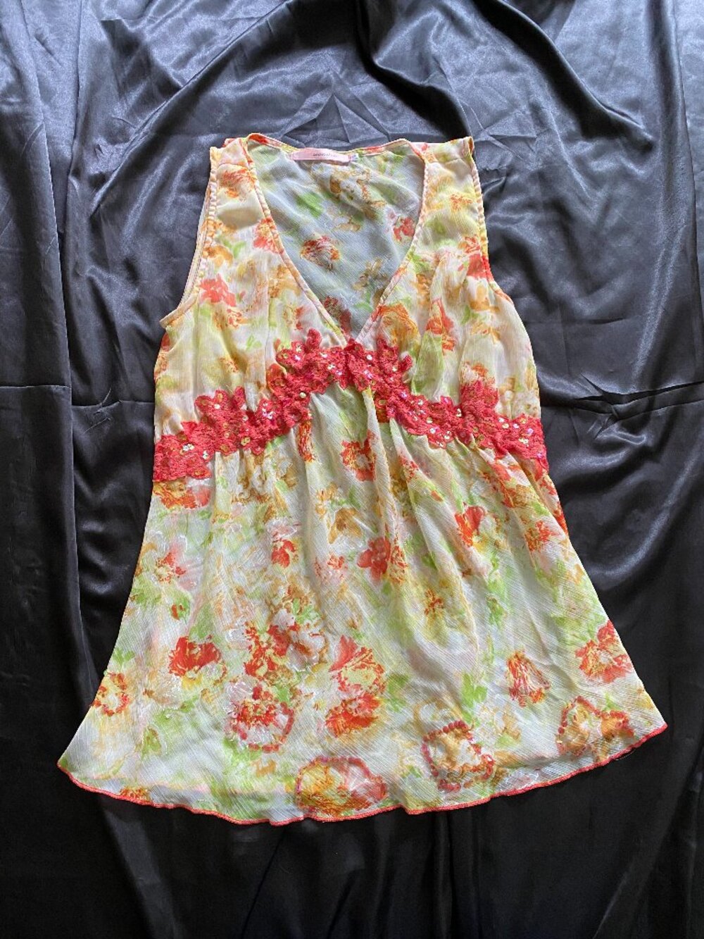 Vintage y2k Silk Chiffon Floral Coral Pink Lace Sequin Tank Fairy Boho Small